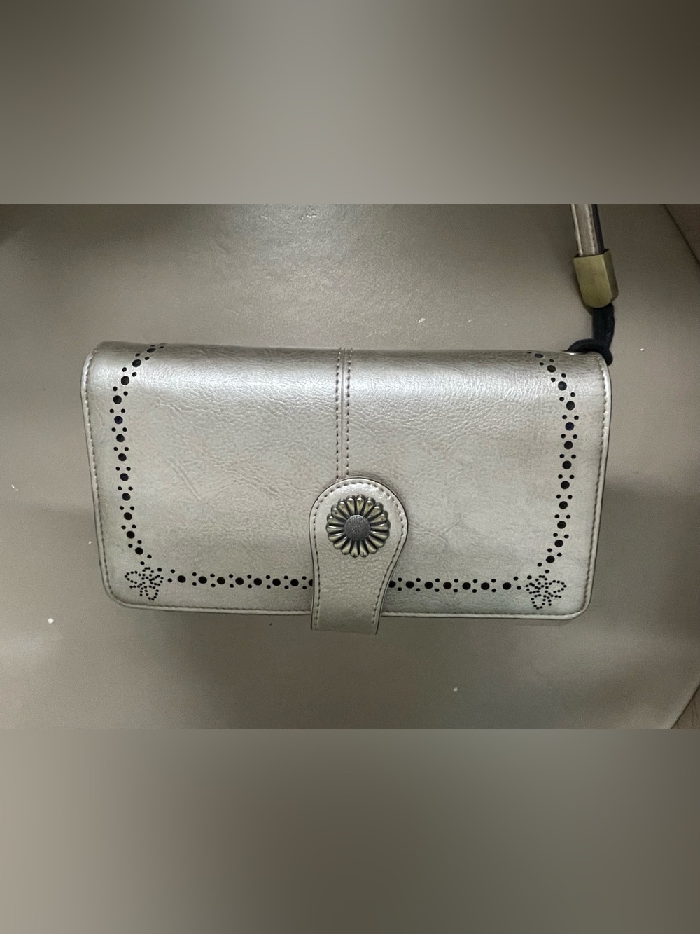 Metallic Silver Fold-Over Wristlet Clutch with Concho Accent
